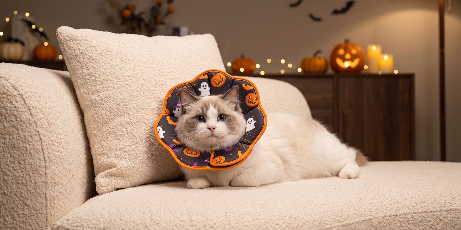 Cat resting on the sofa in a soft Avont cone