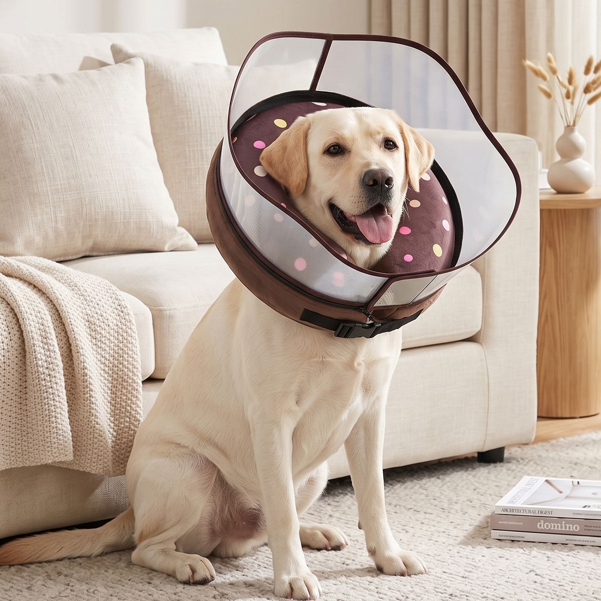 Dog in a recovery cone
